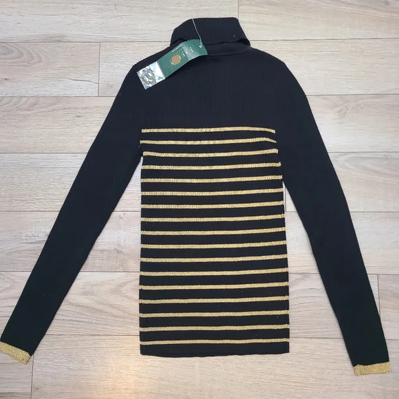 *SOLD* NEW Ralph Lauren Womens Sweater Small Turtleneck Striped Black Gold - Picture 3 of 9